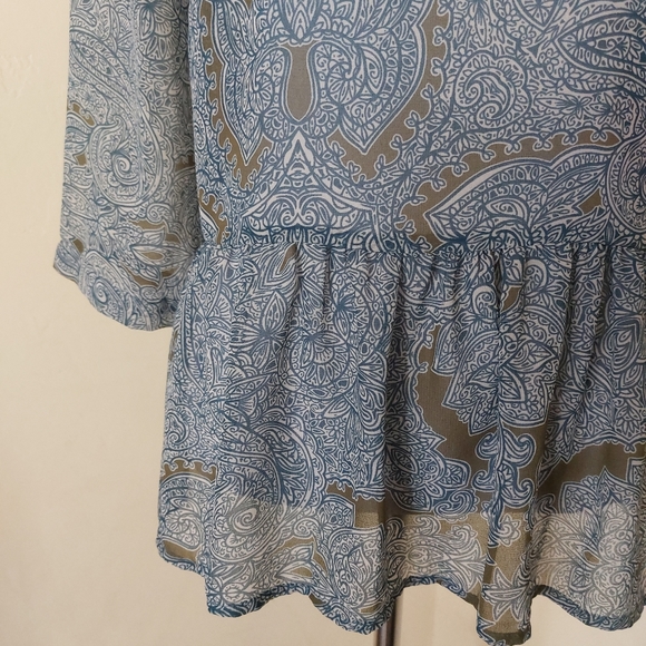Petticoat Alley Floral Paisley Green Blue White Sheer Peplum Blouse - Picture 6 of 9